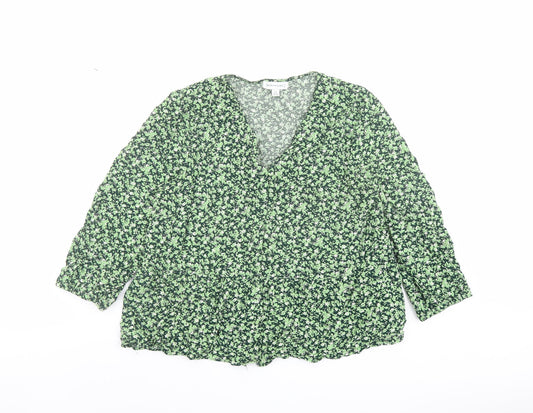 Warehouse Womens Green Floral Viscose Basic Blouse Size 14 V-Neck