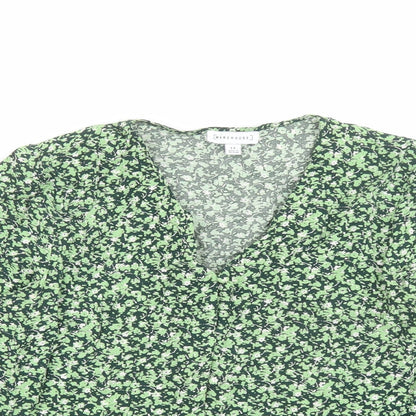 Warehouse Womens Green Floral Viscose Basic Blouse Size 14 V-Neck