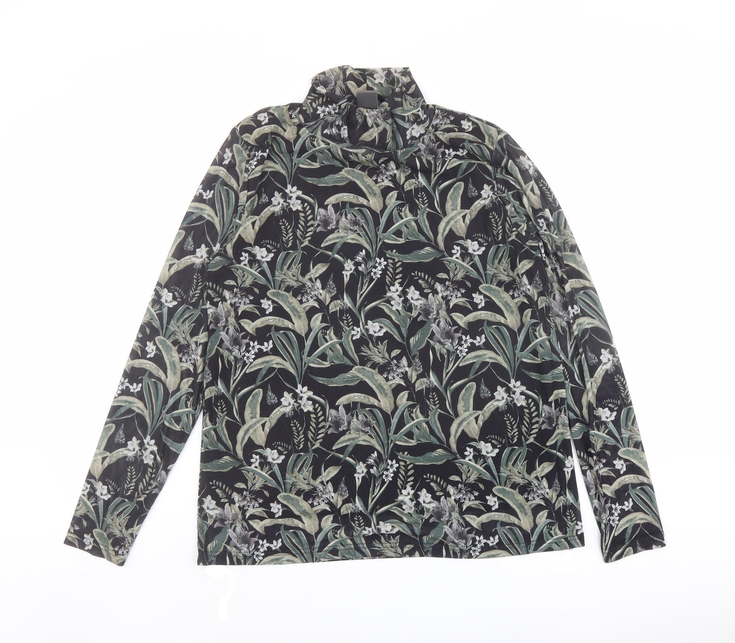 ICHI Womens Black Floral Polyester Basic T-Shirt Size L High Neck