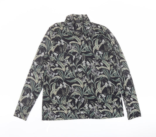 ICHI Womens Black Floral Polyester Basic T-Shirt Size L High Neck