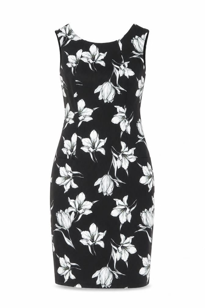 Marks & Spencer Womens Black Floral Polyester Shift Size 8 Round Neck Zip