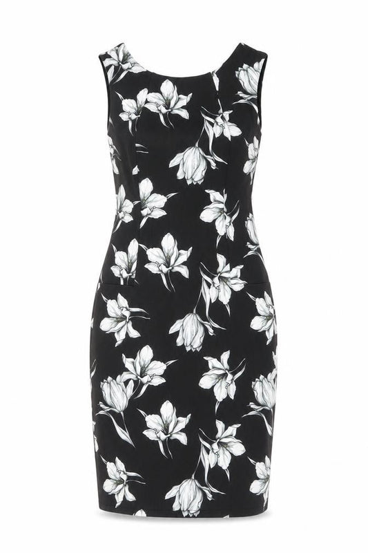 Marks & Spencer Womens Black Floral Polyester Shift Size 8 Round Neck Zip