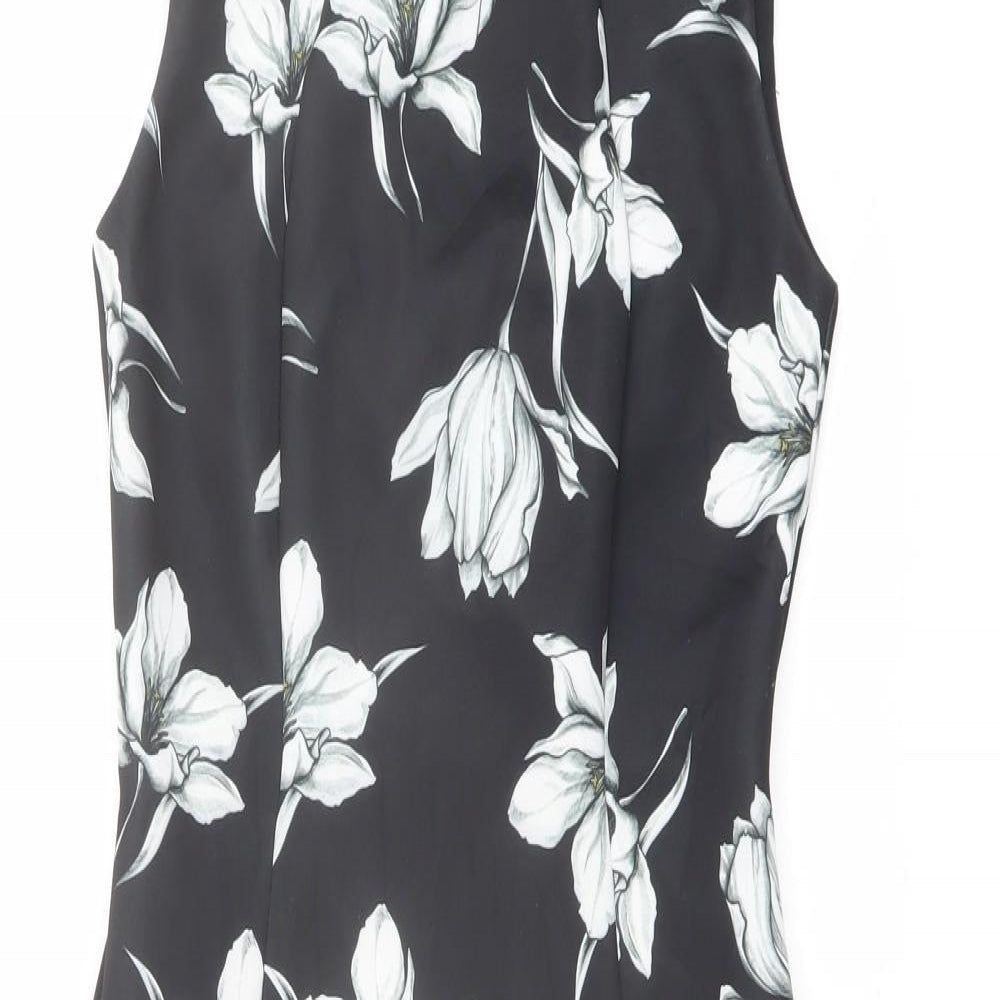 Marks and Spencer Womens Black Floral Polyester Shift Size 8 Round Neck Zip
