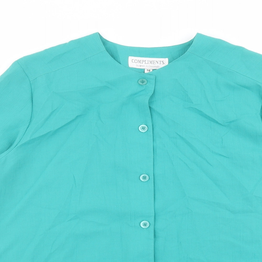 Compliments Womens Green Polyester Basic Button-Up Size 16 Round Neck