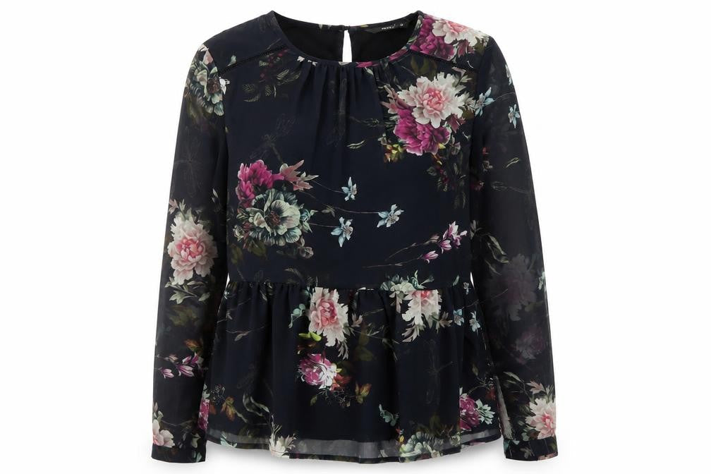 Only Womens Black Floral Polyester Basic Blouse Size 8 Round Neck
