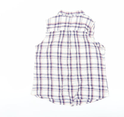 Back view of Originals women’s multicoloured plaid cotton basic button-up, size UK 18, collared