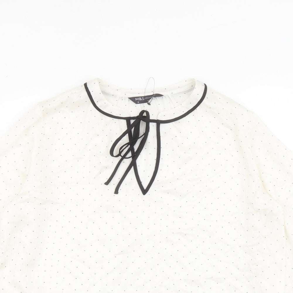 Marks and Spencer Womens Ivory Polka Dot Polyester Basic Blouse Size 8 Round Neck