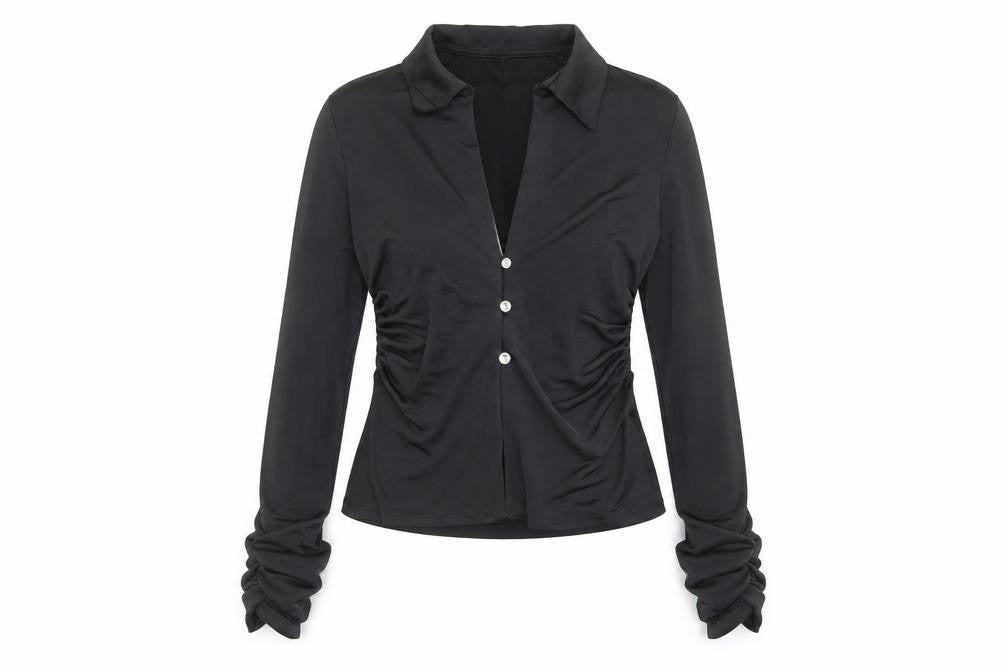 As You Womens Black Polyester Basic Button-Up Size 10 Collared - Ruched Detail