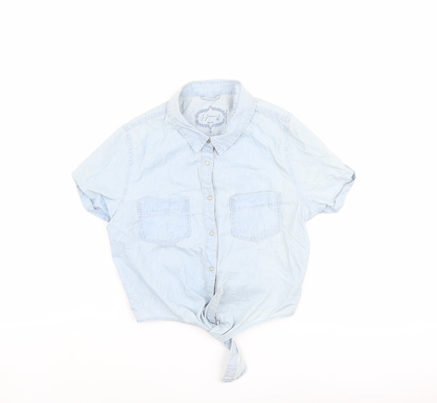 Jennyfer Womens Blue Cotton Cropped Button-Up Size S Collared - Tie Front