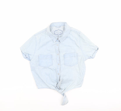 Jennyfer Womens Blue Cotton Cropped Button-Up Size S Collared - Tie Front