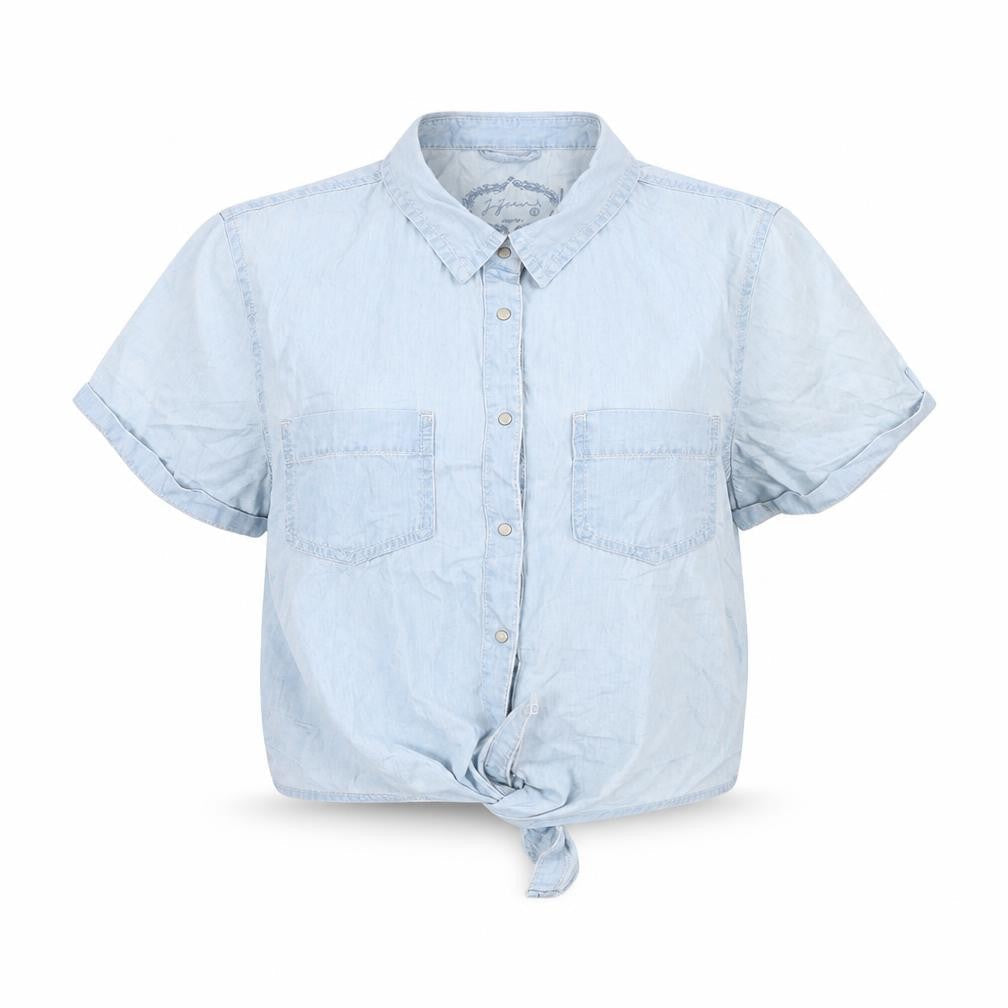 Jennyfer Womens Blue Cotton Cropped Button-Up Size S Collared - Tie Front