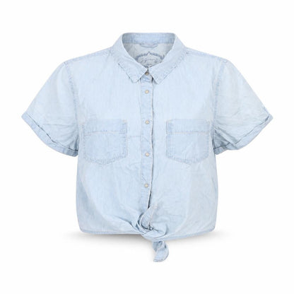Jennyfer Womens Blue Cotton Cropped Button-Up Size S Collared - Tie Front
