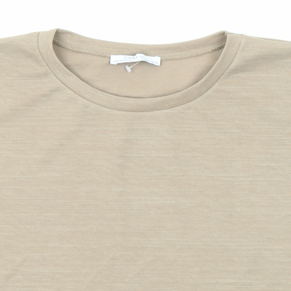 Zara Womens Beige Cotton Basic T-Shirt Size S Crew Neck