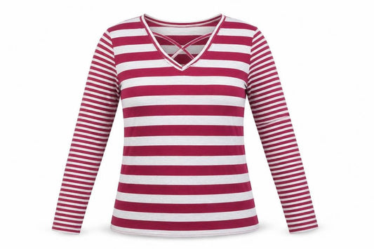 Poof Womens Red Striped Cotton Basic T-Shirt Size M V-Neck