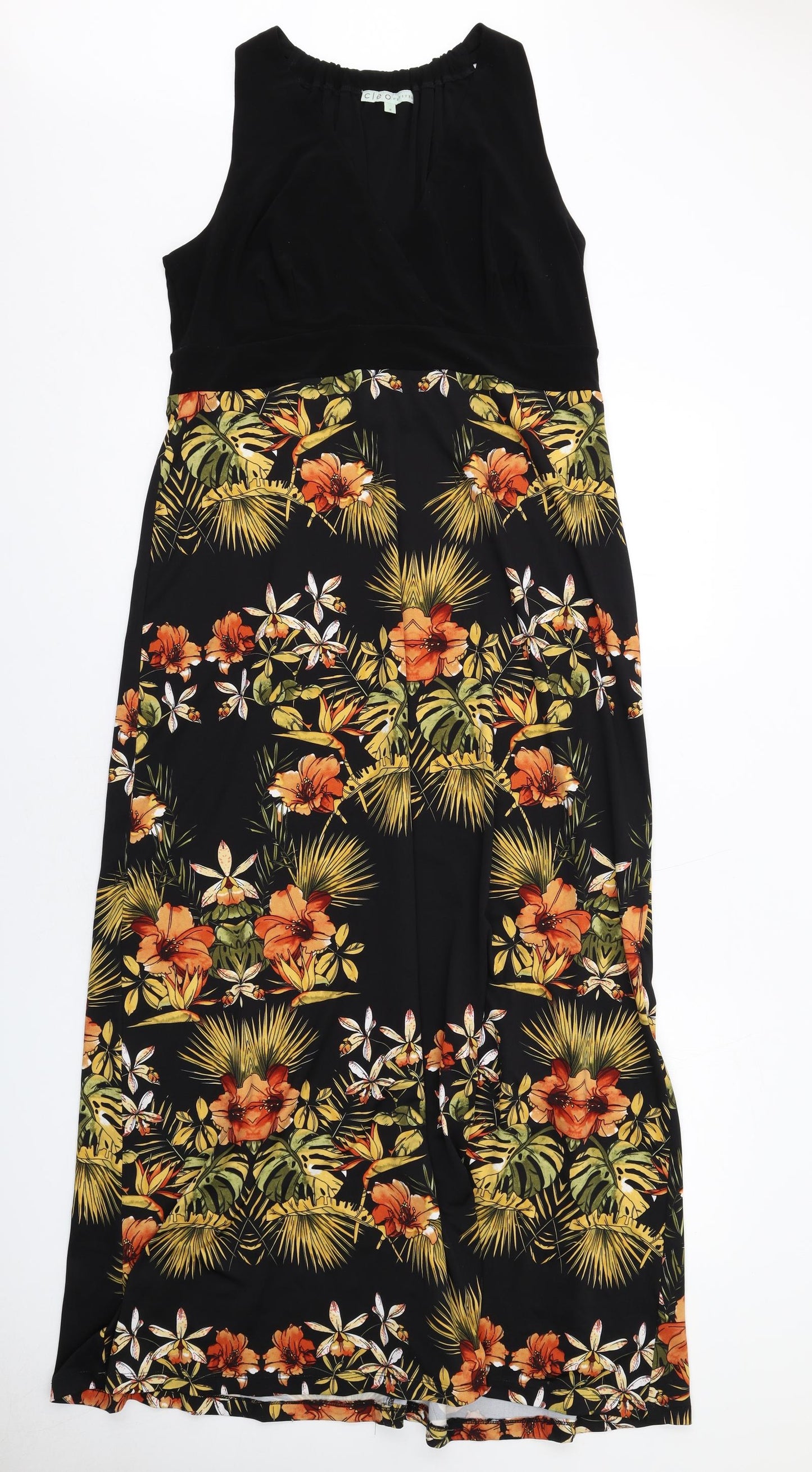 Cleo Womens Black Floral Polyester Tank Dress Size 14 Round Neck Pullover