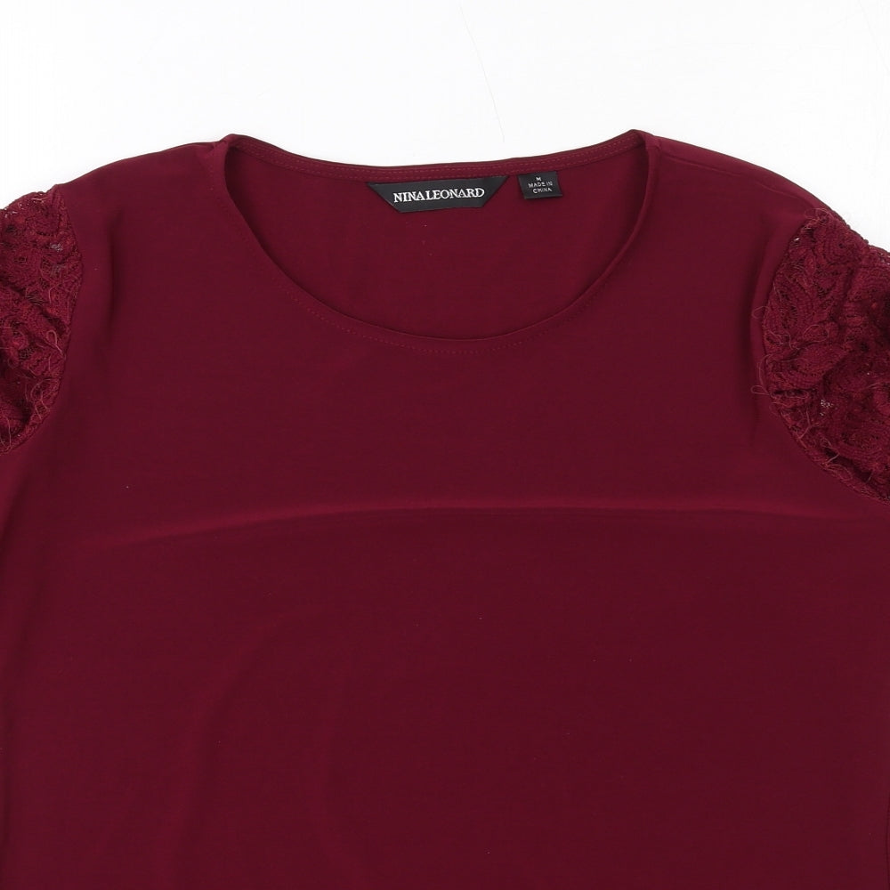 Nina Leonard Womens Red Polyester Basic Blouse Size M Round Neck
