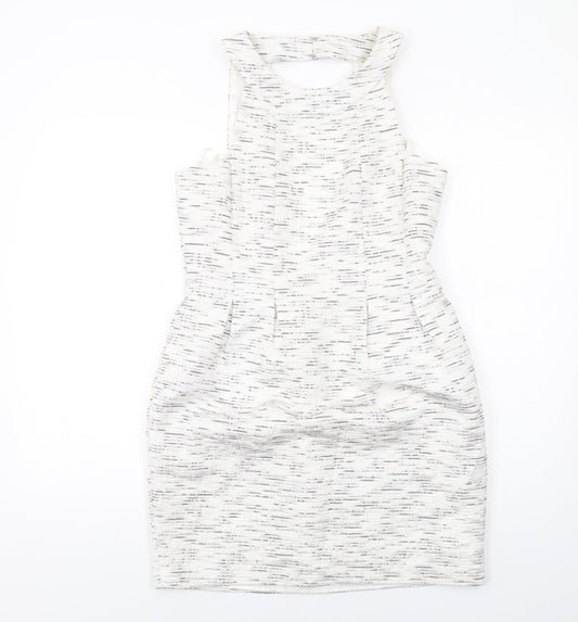 Coleen Womens White Geometric Polyester Shift Size 12 Round Neck Zip