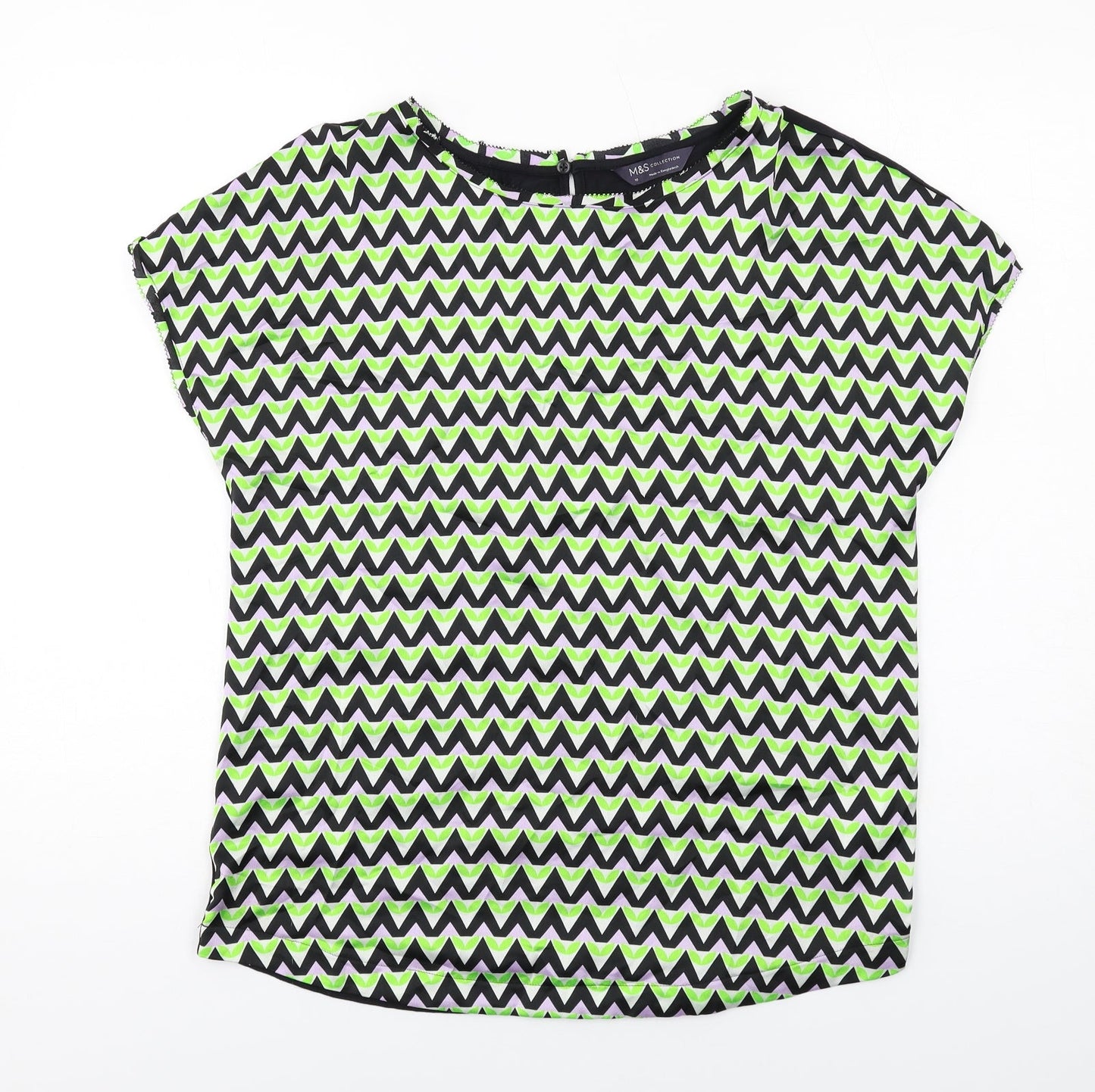 Marks and Spencer Womens Multicoloured Geometric Polyester Basic T-Shirt Size 10 Boat Neck