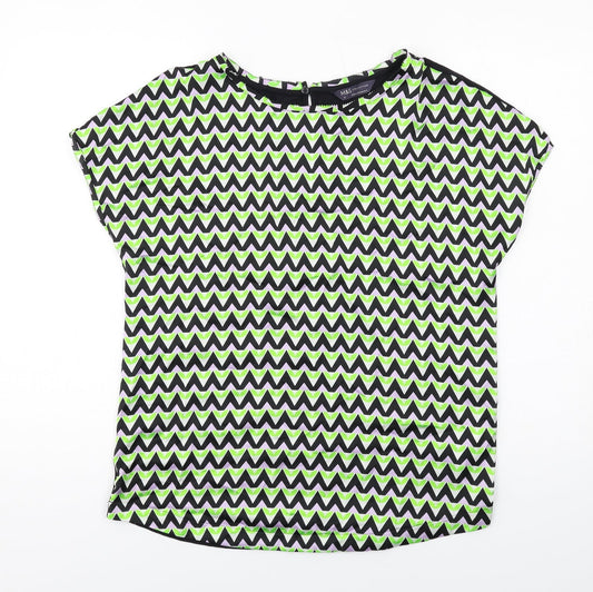 Marks and Spencer Womens Multicoloured Geometric Polyester Basic T-Shirt Size 10 Boat Neck