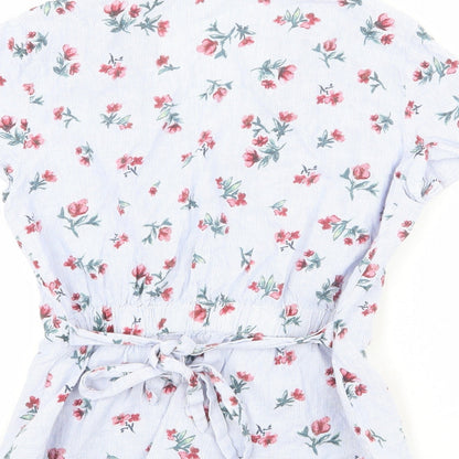 Zara Womens Blue Striped Linen Wrap Blouse Size S Collared - Flower Pattern