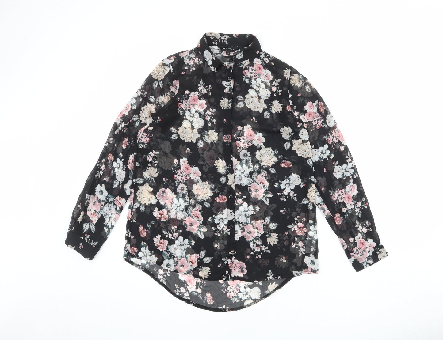 New Look Womens Black Floral Polyester Basic Button-Up Size 8 Collared