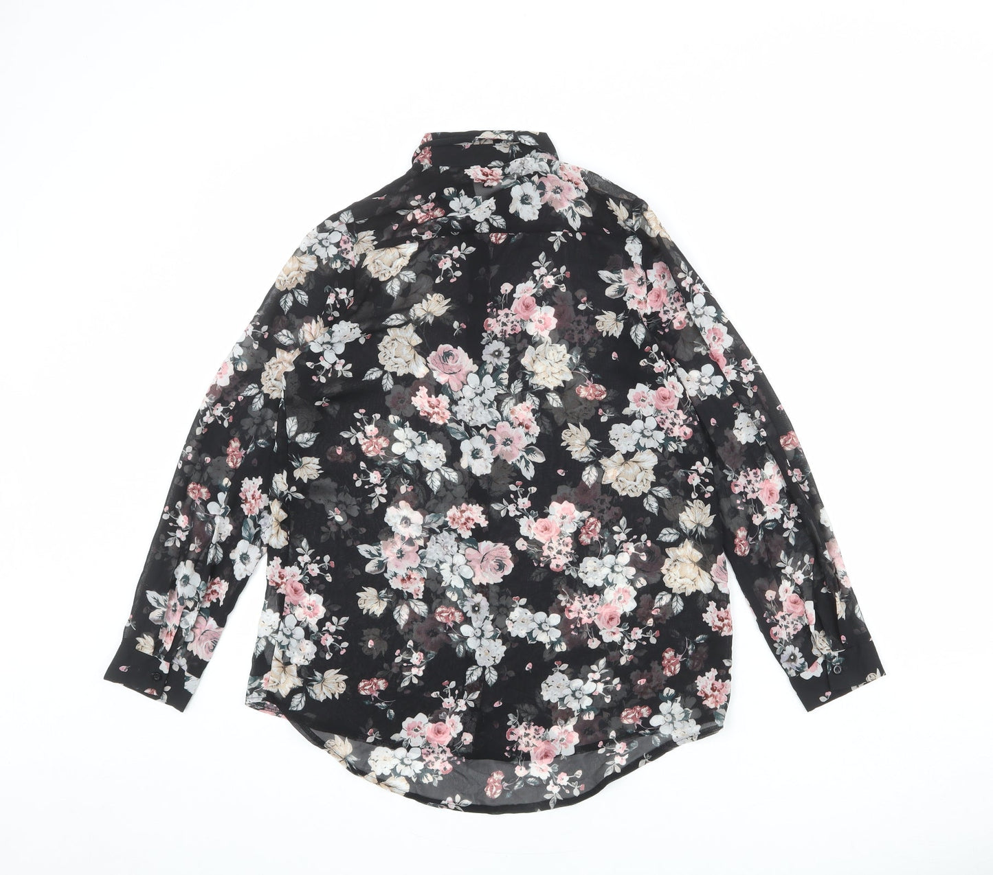 New Look Womens Black Floral Polyester Basic Button-Up Size 8 Collared