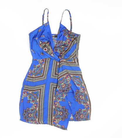 Additional front view of Missguided women’s blue geometric polyester mini, size UK 6, v-neck zip
