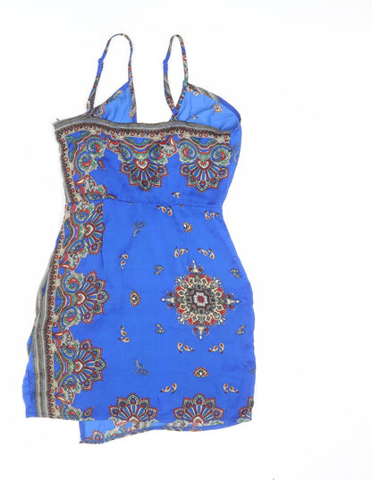 Back view of Missguided women’s blue geometric polyester mini, size UK 6, v-neck zip