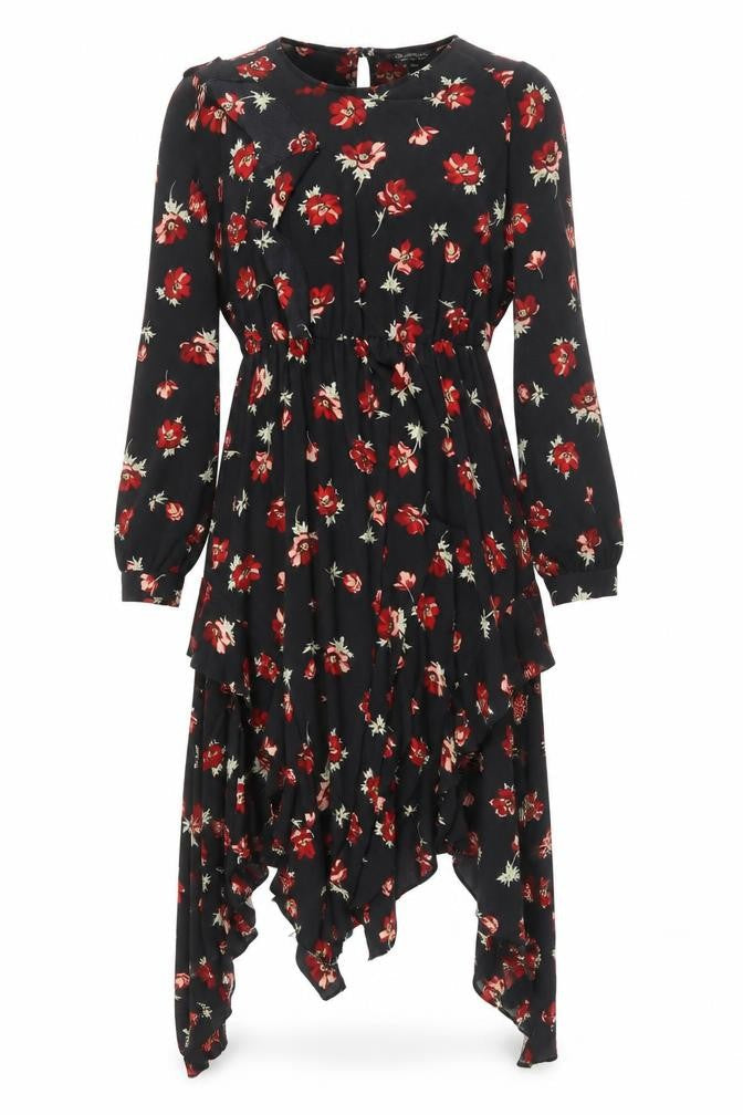 Miss Selfridge Womens Black Floral Polyester A-Line Size 10 Round Neck Button