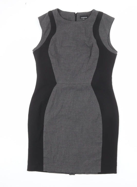 Warehouse Womens Grey Geometric Polyester Shift Size 14 Round Neck Zip