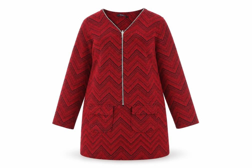 Blue Chameleon Womens Red Geometric Polyester A-Line Size 12 V-Neck Zip