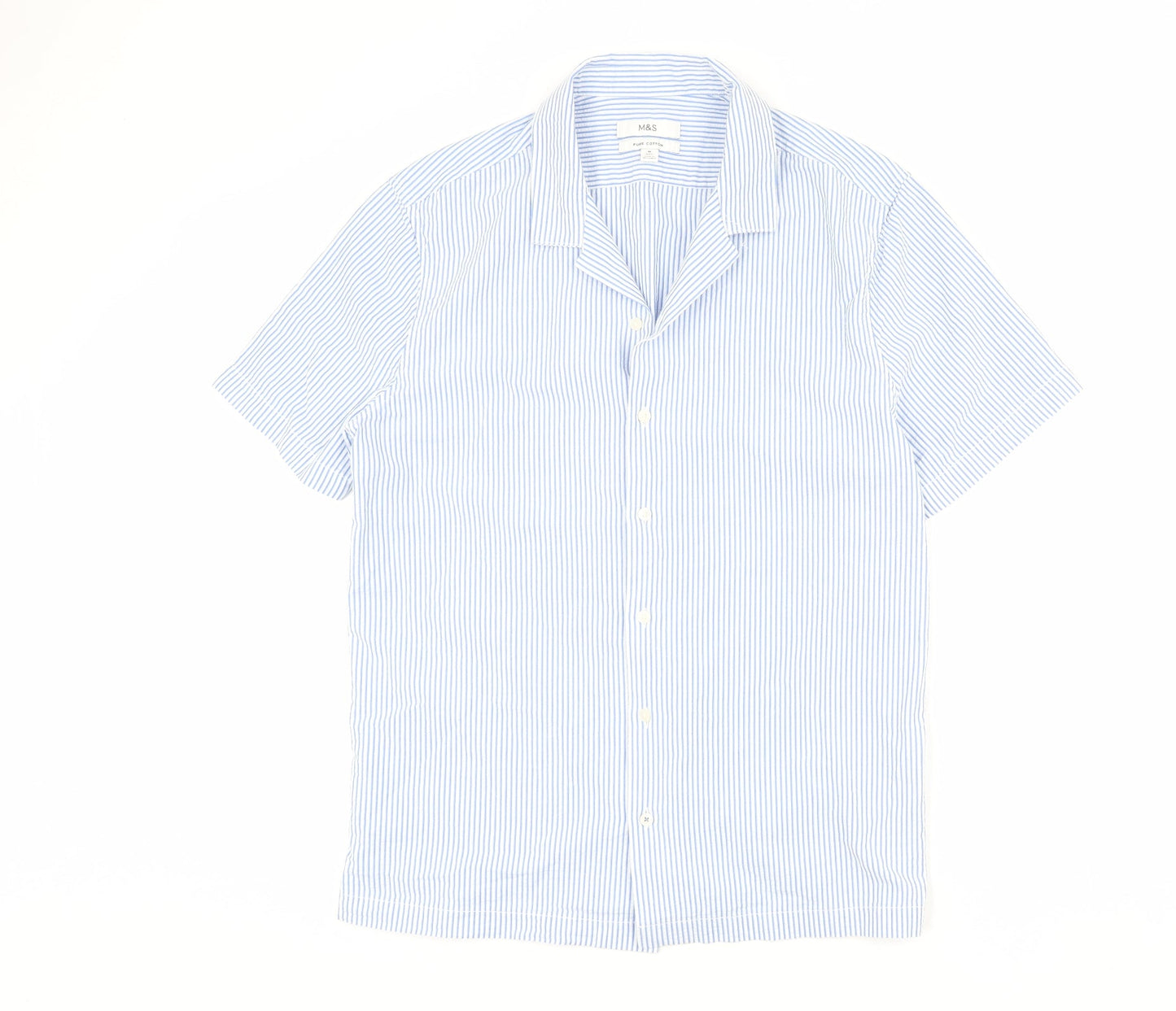 Marks and Spencer Mens Blue Striped Cotton Button-Up Size M Collared Button