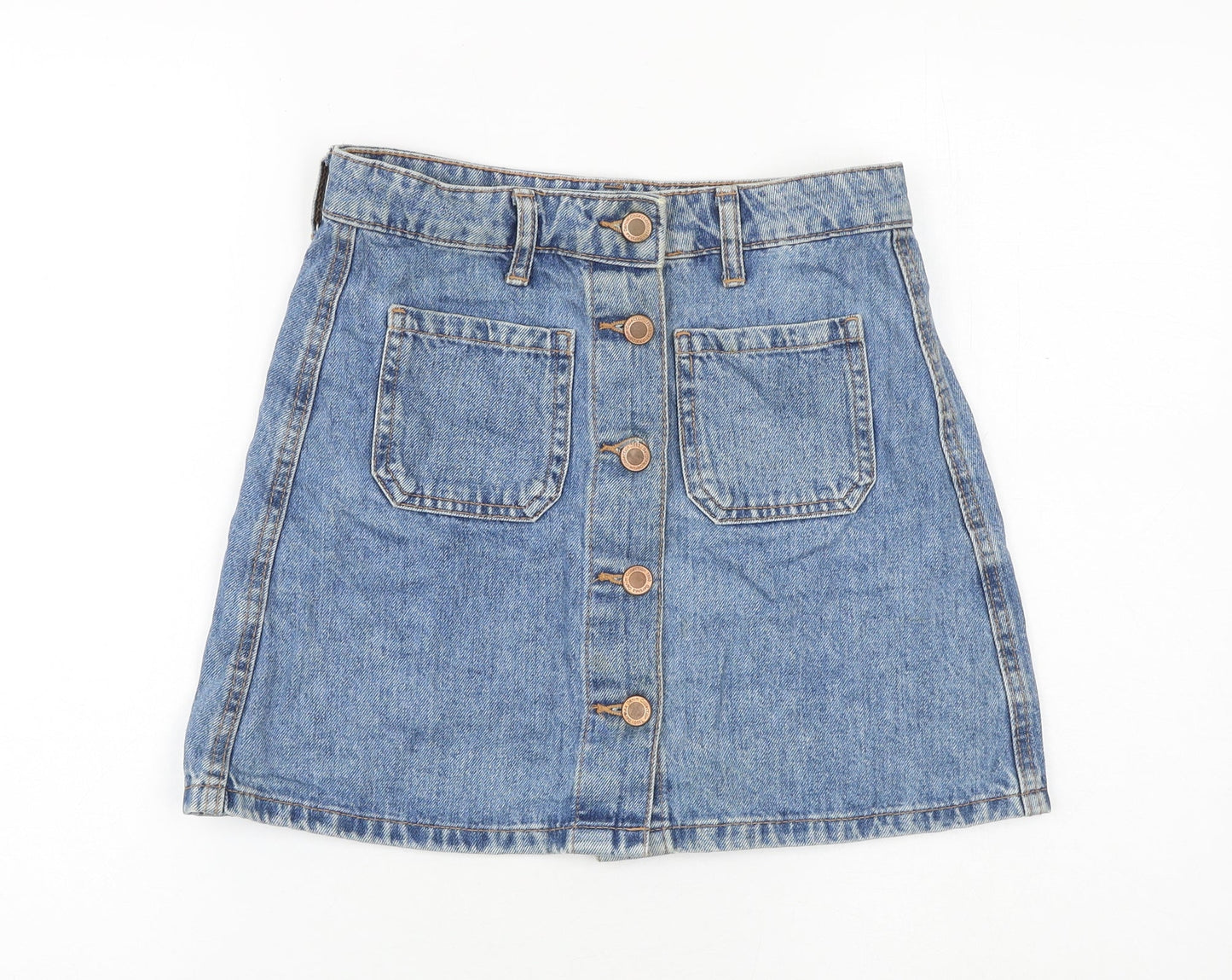 Bershka Womens Blue Cotton Mini Skirt Size 6 Button