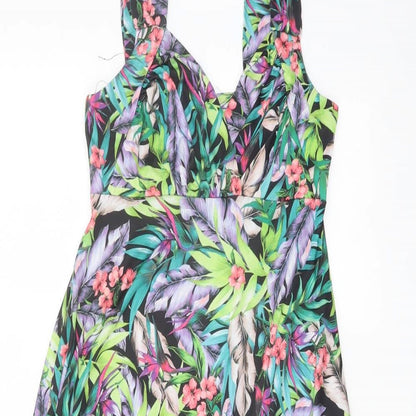 Close-up detail of Izabel women’s multicoloured floral polyester tank dress, size UK 8, v-neck pullover