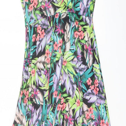 Brand and care label for Izabel women’s multicoloured floral polyester tank dress, size UK 8, v-neck pullover