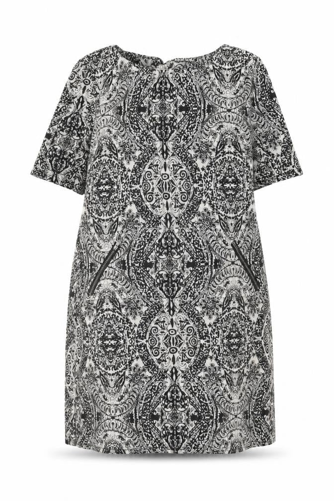 Wallis Womens Black Geometric Polyester Shift Size 12 Boat Neck Zip