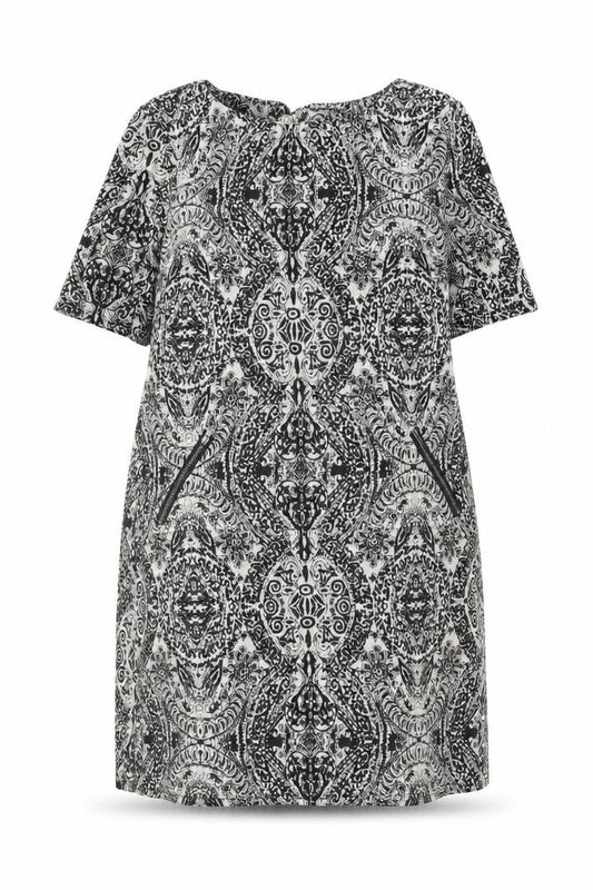 Wallis Womens Black Geometric Polyester Shift Size 12 Boat Neck Zip