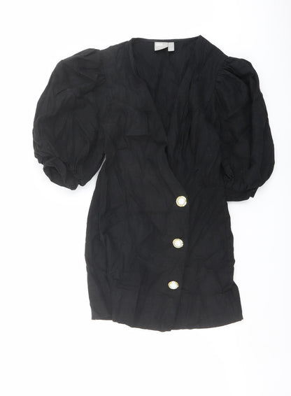 Additional front view of ASOS women’s black polyester jacket dress, size UK 6, v-neck button