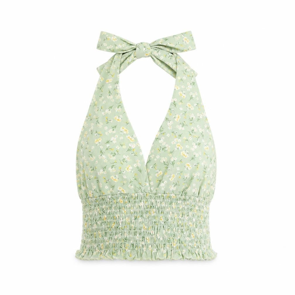 ROMWE Womens Green Floral Polyester Cropped Tank Size M Halter