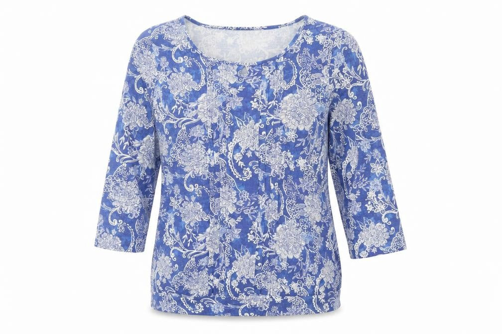 Bonmarché Womens Blue Floral Polyester Basic T-Shirt Size 10 Round Neck