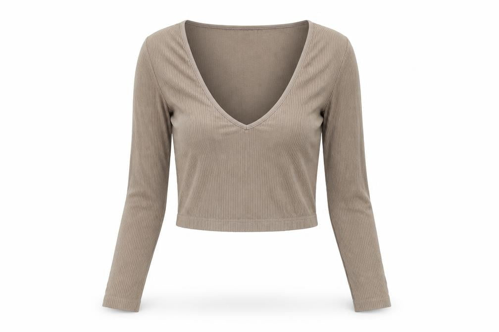 Stradivarius Womens Beige Nylon Cropped T-Shirt Size XS V-Neck