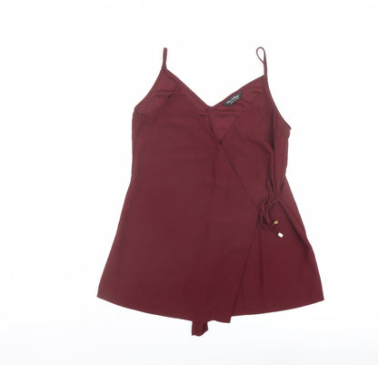 Additional front view of Miss Selfridge women’s red polyester wrap tank, size UK 10, v-neck