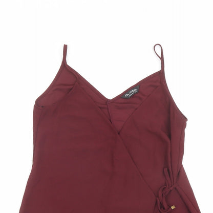 Close-up detail of Miss Selfridge women’s red polyester wrap tank, size UK 10, v-neck