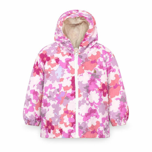 Front view of Gap girls’ pink floral rain coat coat, size 2, years zip