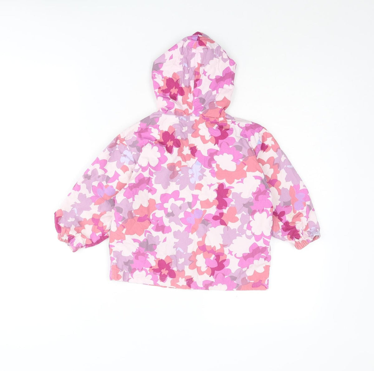 Back view of Gap girls’ pink floral rain coat coat, size 2, years zip