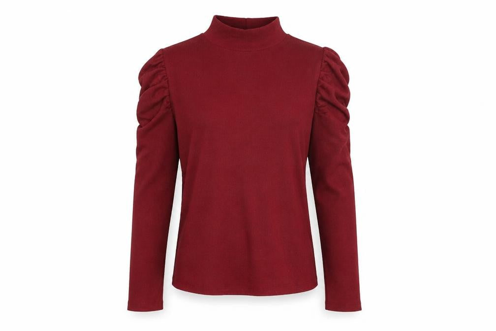 Select Womens Red Polyester Basic T-Shirt Size M Mock Neck - Ruched Sleeves