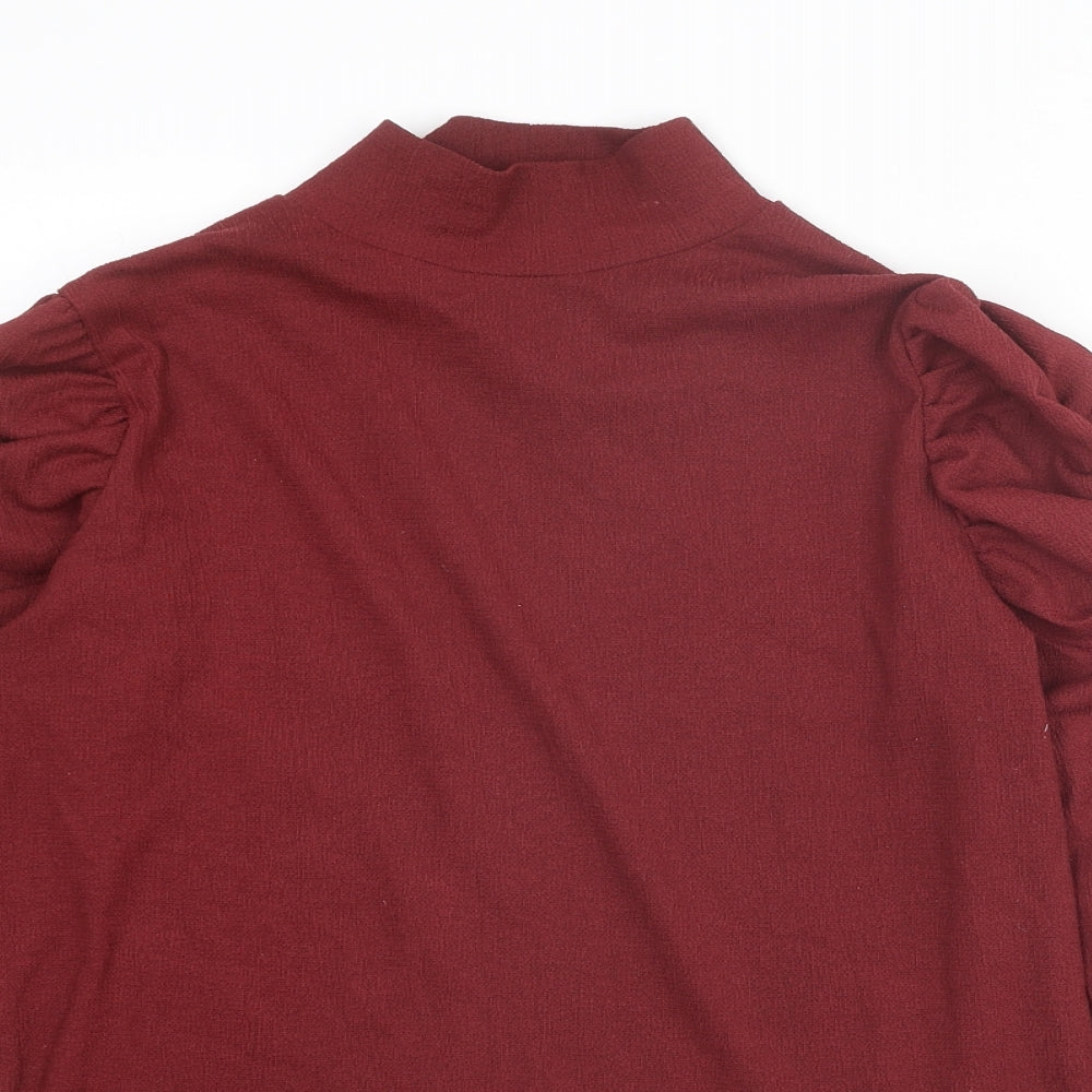 Select Womens Red Polyester Basic T-Shirt Size M Mock Neck - Ruched Sleeves