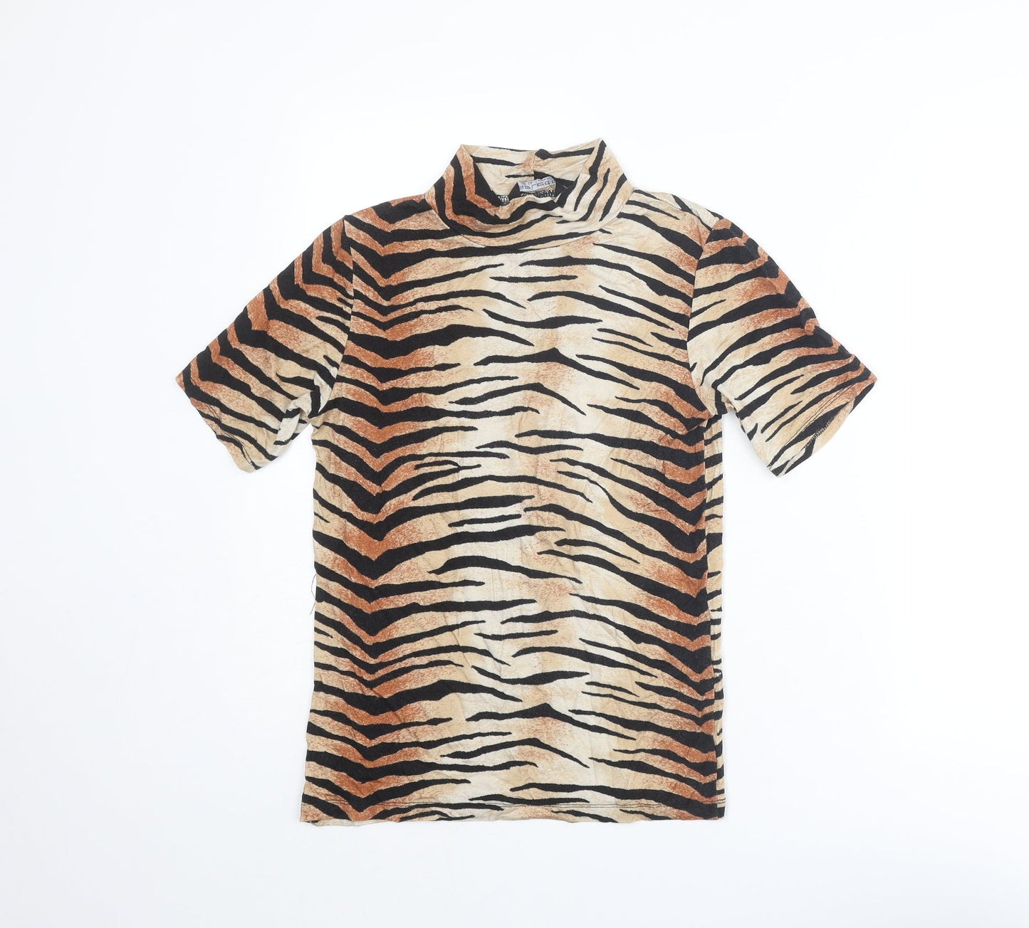 Select Womens Beige Animal Print Viscose Basic T-Shirt Size 14 Mock Neck - Tiger Print