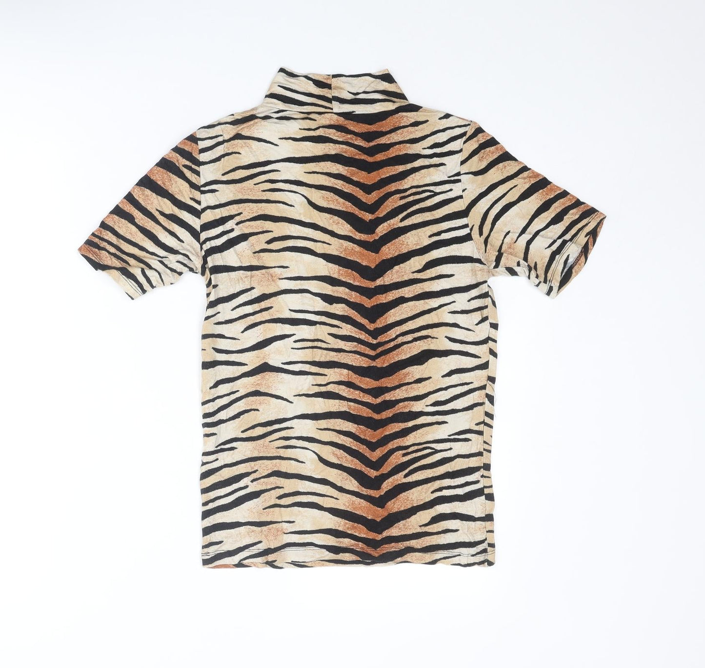 Select Womens Beige Animal Print Viscose Basic T-Shirt Size 14 Mock Neck - Tiger Print
