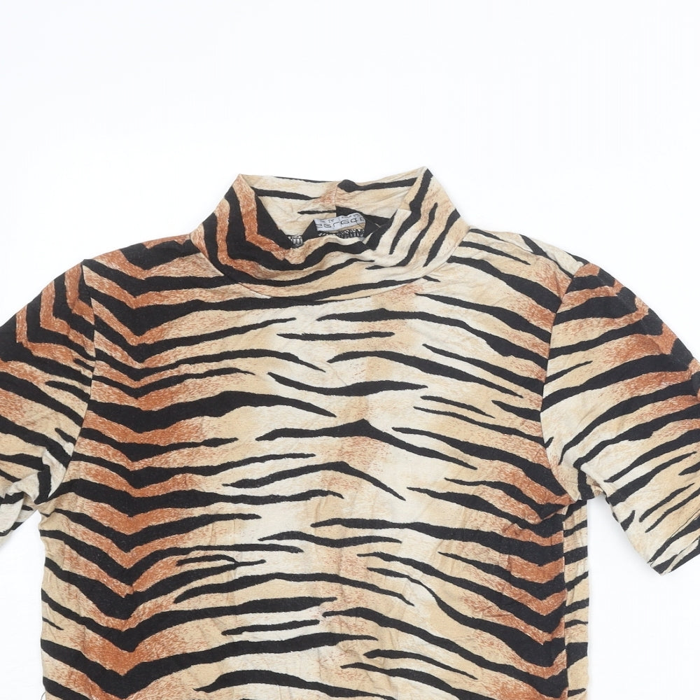 Select Womens Beige Animal Print Viscose Basic T-Shirt Size 14 Mock Neck - Tiger Print